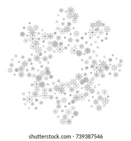 Christmas snow splash frame or border of a random scatter snowflakes isolated on white. Snow explosion. Ice storm.