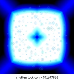 Christmas snow splash frame or border of a random scatter snowflakes on white-blue background. Snow explosion. Ice storm.