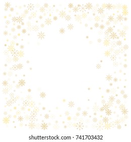 Christmas snow splash frame or border of a random scatter snowflakes isolated on white. Snow explosion. Ice storm.
