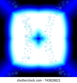 Christmas snow splash frame or border of a random scatter snowflakes on white-blue background. Snow explosion. Ice storm.