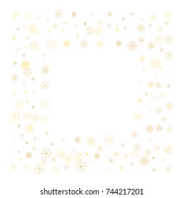 Christmas snow splash frame or border of a random scatter snowflakes isolated on white. Snow explosion. Ice storm.