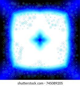 Christmas snow splash frame or border of a random scatter snowflakes on white-blue background. Snow explosion. Ice storm.