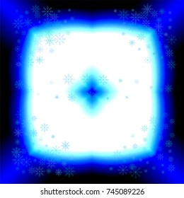 Christmas snow splash frame or border of a random scatter snowflakes on white-blue background. Snow explosion. Ice storm.