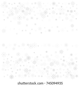 Christmas snow splash frame or border of a random scatter snowflakes isolated on white. Snow explosion. Ice storm.