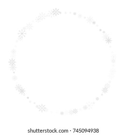 Christmas snow splash frame or border of a random scatter snowflakes isolated on white. Snow explosion. Ice storm.