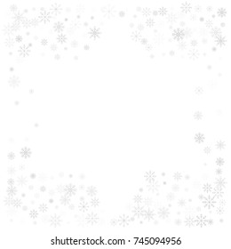 Christmas snow splash frame or border of a random scatter snowflakes isolated on white. Snow explosion. Ice storm.