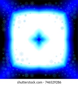 Christmas snow splash frame or border of a random scatter snowflakes on white-blue background. Snow explosion. Ice storm.