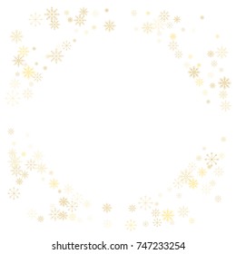 Christmas snow splash frame or border of a random scatter snowflakes isolated on white. Snow explosion. Ice storm.