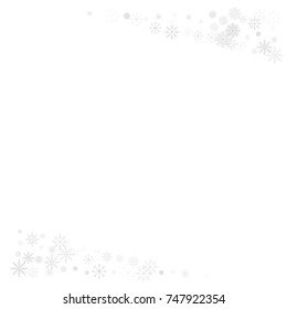 Christmas Snow Splash Frame Or Border Of A Random Scatter Snowflakes Isolated On White. Snow Explosion. Ice Storm.