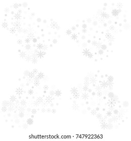 Christmas snow splash frame or border of a random scatter snowflakes isolated on white. Snow explosion. Ice storm.