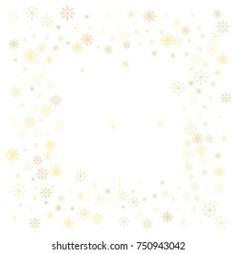 Christmas snow splash frame or border of a random scatter snowflakes isolated on white. Snow explosion. Ice storm.