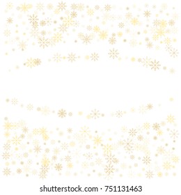 Christmas snow splash frame or border of a random scatter snowflakes isolated on white. Snow explosion. Ice storm.