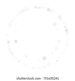 Christmas snow splash frame or border of a random scatter snowflakes isolated on white. Snow explosion. Ice storm.
