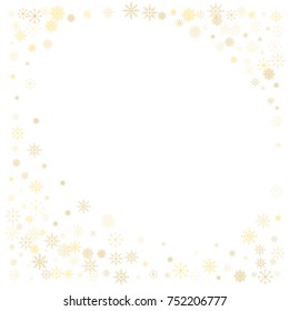 Christmas snow splash frame or border of a random scatter snowflakes isolated on white. Snow explosion. Ice storm.