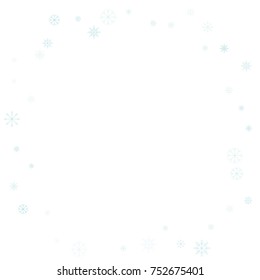 Christmas snow splash frame or border of a random scatter snowflakes isolated on white. Snow explosion. Ice storm.