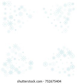 Christmas snow splash frame or border of a random scatter snowflakes isolated on white. Snow explosion. Ice storm.