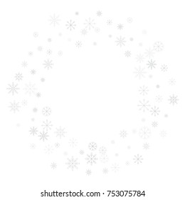 Christmas snow splash frame or border of a random scatter snowflakes isolated on white. Snow explosion. Ice storm.