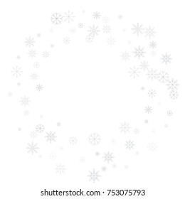 Christmas snow splash frame or border of a random scatter snowflakes isolated on white. Snow explosion. Ice storm.