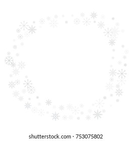 Christmas snow splash frame or border of a random scatter snowflakes isolated on white. Snow explosion. Ice storm.