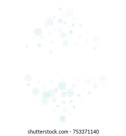 Christmas snow splash frame or border of a random scatter snowflakes isolated on white. Snow explosion. Ice storm.