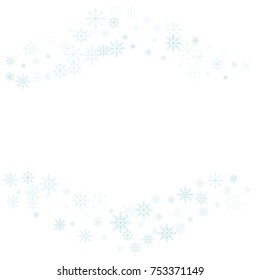 Christmas snow splash frame or border of a random scatter snowflakes isolated on white. Snow explosion. Ice storm.