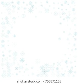 Christmas snow splash frame or border of a random scatter snowflakes isolated on white. Snow explosion. Ice storm.