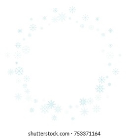 Christmas snow splash frame or border of a random scatter snowflakes isolated on white. Snow explosion. Ice storm.