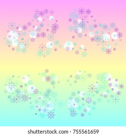 Christmas snow splash frame or border of a random scatter snowflakes on a colorful background. Snow explosion. Ice storm.