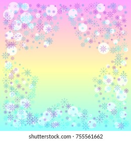 Christmas snow splash frame or border of a random scatter snowflakes on a colorful background. Snow explosion. Ice storm.