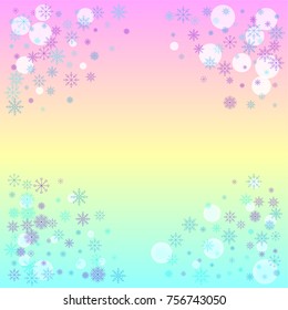 Christmas snow splash frame or border of a random scatter snowflakes on a colorful background. Snow explosion. Ice storm.