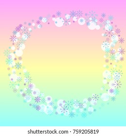 Christmas snow splash frame or border of a random scatter snowflakes on a colorful background. Snow explosion. Ice storm.