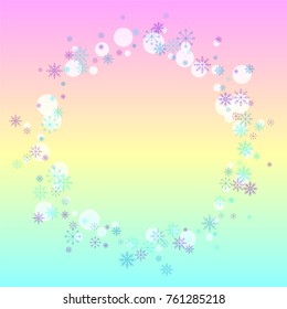 Christmas snow splash frame or border of a random scatter snowflakes on a colorful background. Snow explosion. Ice storm.