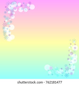 Christmas snow splash frame or border of a random scatter snowflakes on a colorful background. Snow explosion. Ice storm.