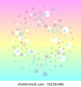 Christmas snow splash frame or border of a random scatter snowflakes on a colorful background. Snow explosion. Ice storm.