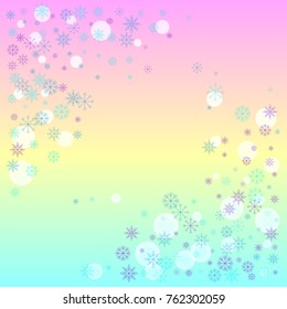 Christmas snow splash frame or border of a random scatter snowflakes on a colorful background. Snow explosion. Ice storm.