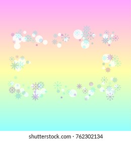 Christmas snow splash frame or border of a random scatter snowflakes on a colorful background. Snow explosion. Ice storm.