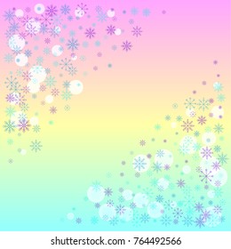 Christmas snow splash frame or border of a random scatter snowflakes on a colorful background. Snow explosion. Ice storm.