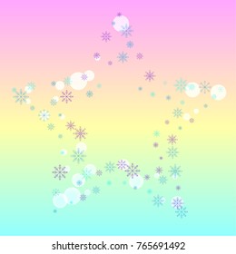 Christmas snow splash frame or border of a random scatter snowflakes on a colorful background. Snow explosion. Ice storm.