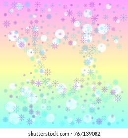 Christmas snow splash frame or border of a random scatter snowflakes on a colorful background. Snow explosion. Ice storm.