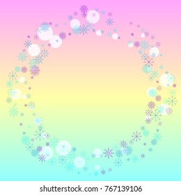 Christmas snow splash frame or border of a random scatter snowflakes on a colorful background. Snow explosion. Ice storm.