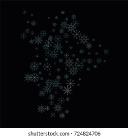 Christmas snow spray background of a random scatter snowflakes isolated on black. Snow explosion. Ice storm.