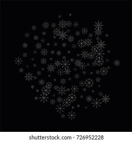 Christmas snow spray background of a random scatter snowflakes isolated on black. Snow explosion. Ice storm.