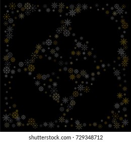 Christmas snow spray background of a random scatter snowflakes isolated on black. Snow explosion. Ice storm.