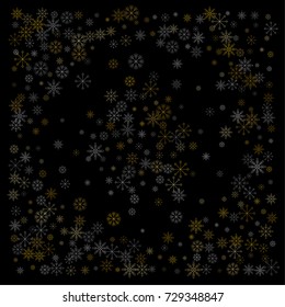 Christmas snow spray background of a random scatter snowflakes isolated on black. Snow explosion. Ice storm.