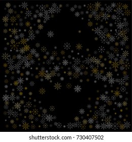 Christmas snow spray background of a random scatter snowflakes isolated on black. Snow explosion. Ice storm.