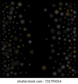 Christmas snow spray background of a random scatter snowflakes isolated on black. Snow explosion. Ice storm.