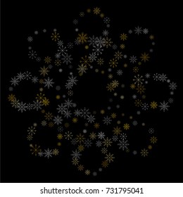 Christmas snow spray background of a random scatter snowflakes isolated on black. Snow explosion. Ice storm.