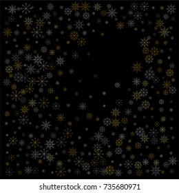 Christmas snow spray background of a random scatter snowflakes isolated on black. Snow explosion. Ice storm.