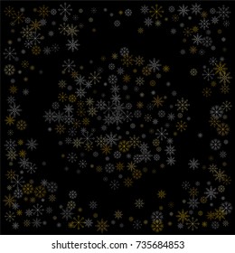 Christmas snow spray background of a random scatter snowflakes isolated on black. Snow explosion. Ice storm.