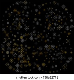 Christmas snow spray background of a random scatter snowflakes isolated on black. Snow explosion. Ice storm.